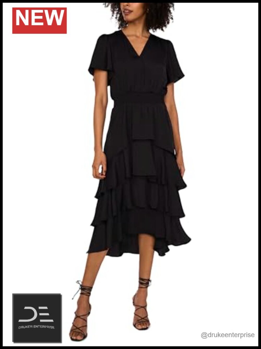 V-Neck Four Tier Layered Midi Dress Short Sleeve A-Line Pull On Party